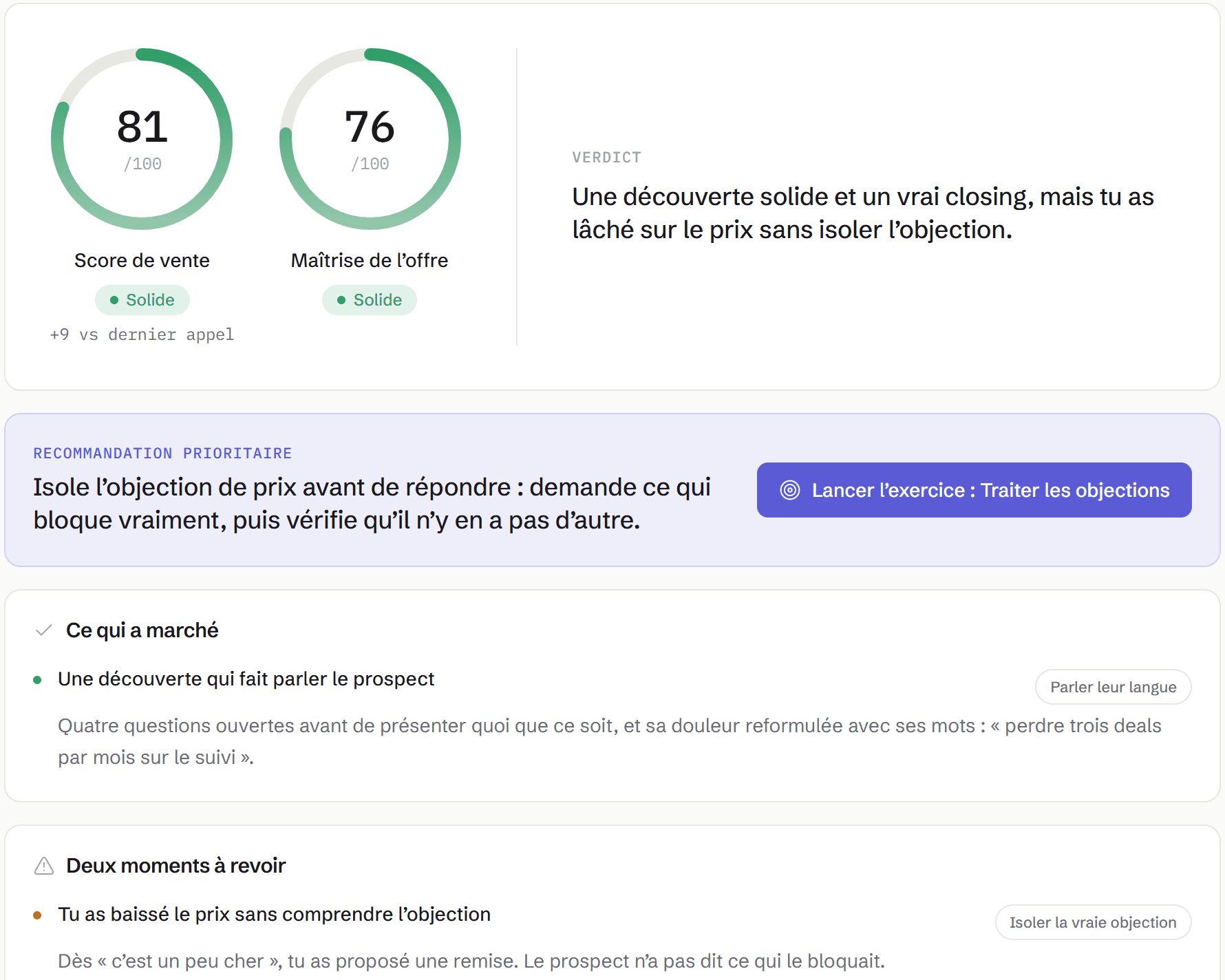 Rapport d’un appel : score de vente et maîtrise de l’offre sur 100, verdict, recommandation prioritaire, ce qui a marché et moments à revoir